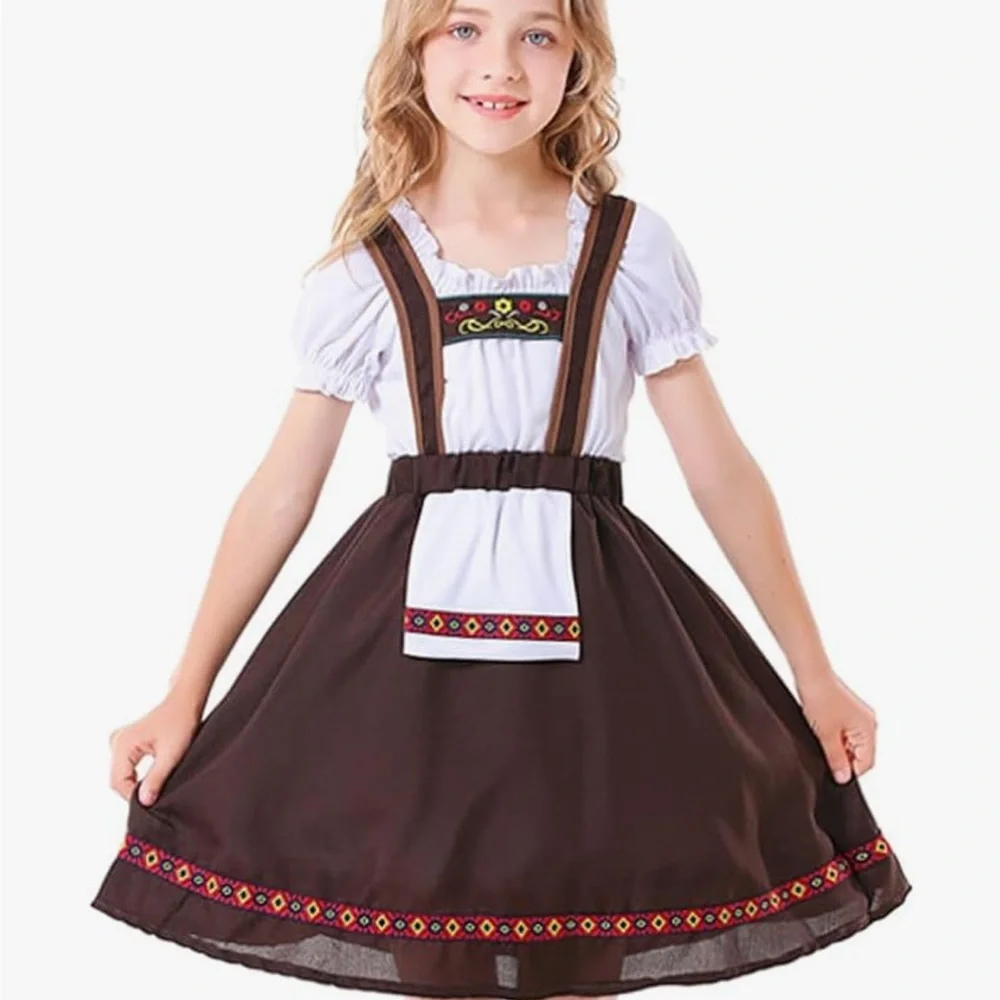 Kids Bavarian Costume Dress - Brown and White | Size 8-10
